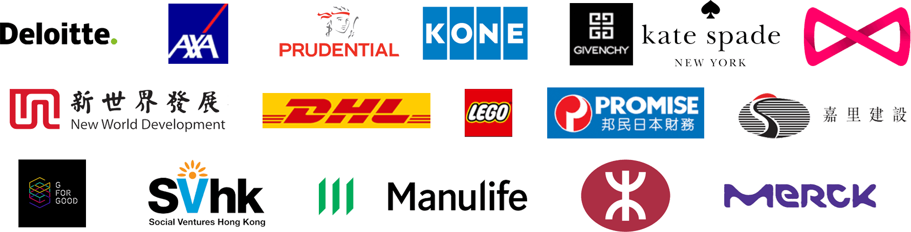 企業培訓客戶標誌,包括 Deloitte、AXA、Prudential、KONE、Givenchy、Kate Spade、新世界發展、DHL、LEGO、邦民日本財務、嘉里建設、G For Good、香港社會創投基金、Manulife、港鐵及 Merck。